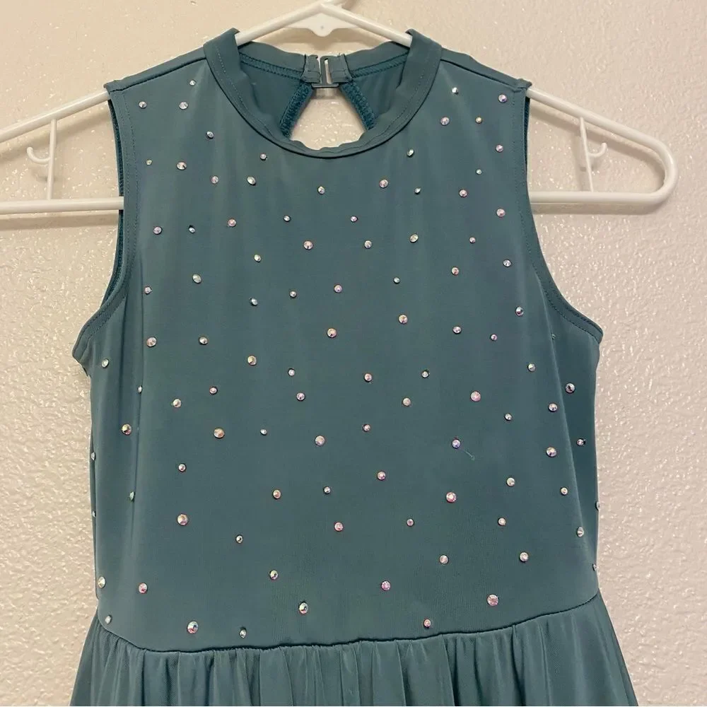 WEISSMAN Dance Costume Sage green Keyhole Back Skater Dress rhinestone D11782 IC